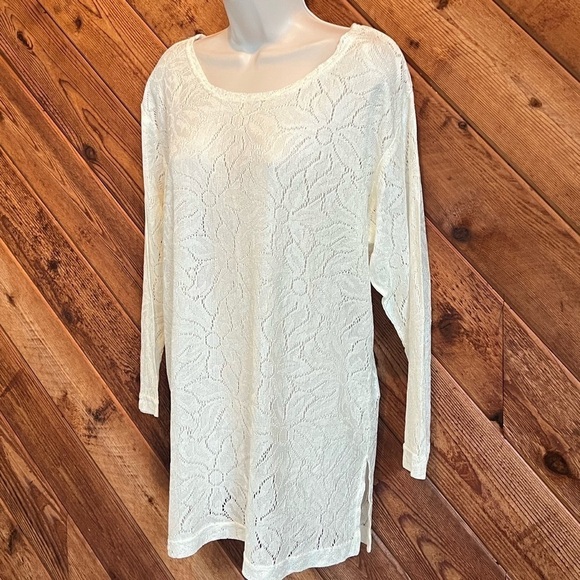 Express Tricot Vintage Scoop Neck Floral Knit Tunic Long Sleeve Top Small White - Picture 2 of 8